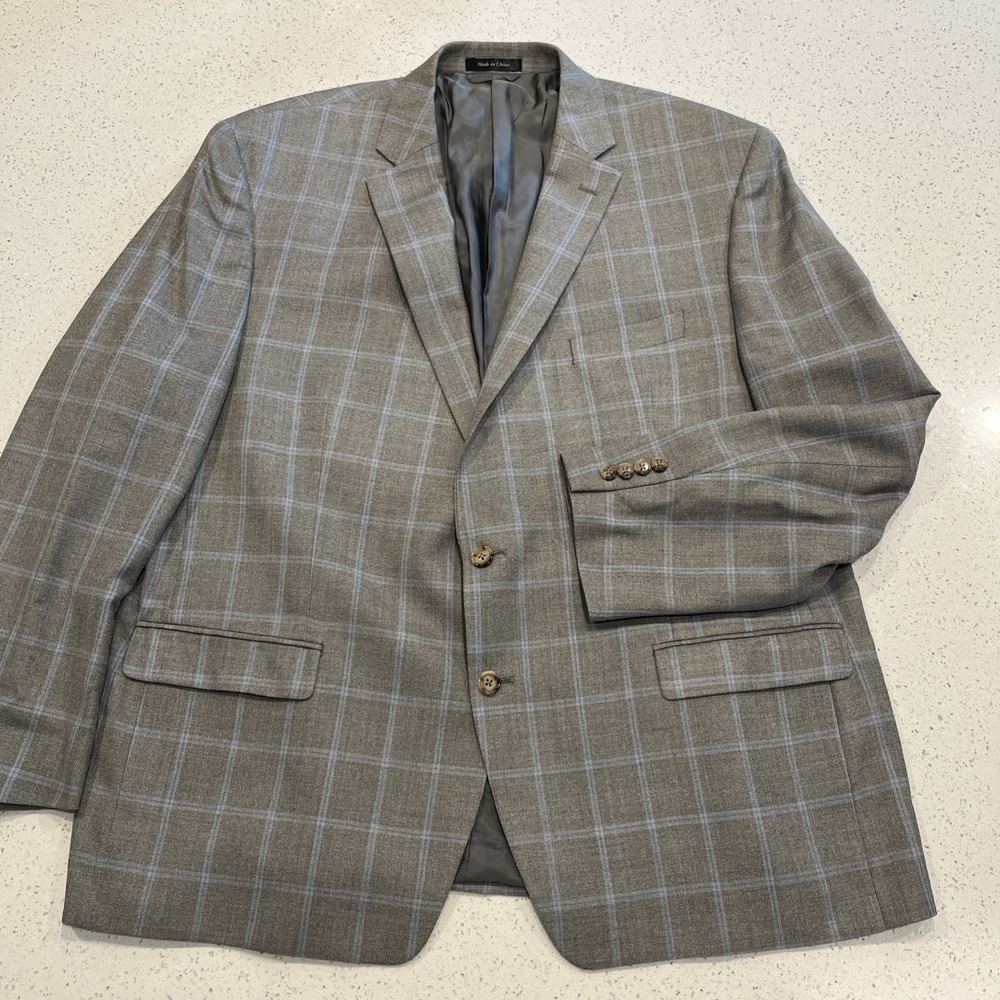 Ralph Lauren Men's Gray Blue Check  Blazer 2 Button Silk Wool Blend Size 50R